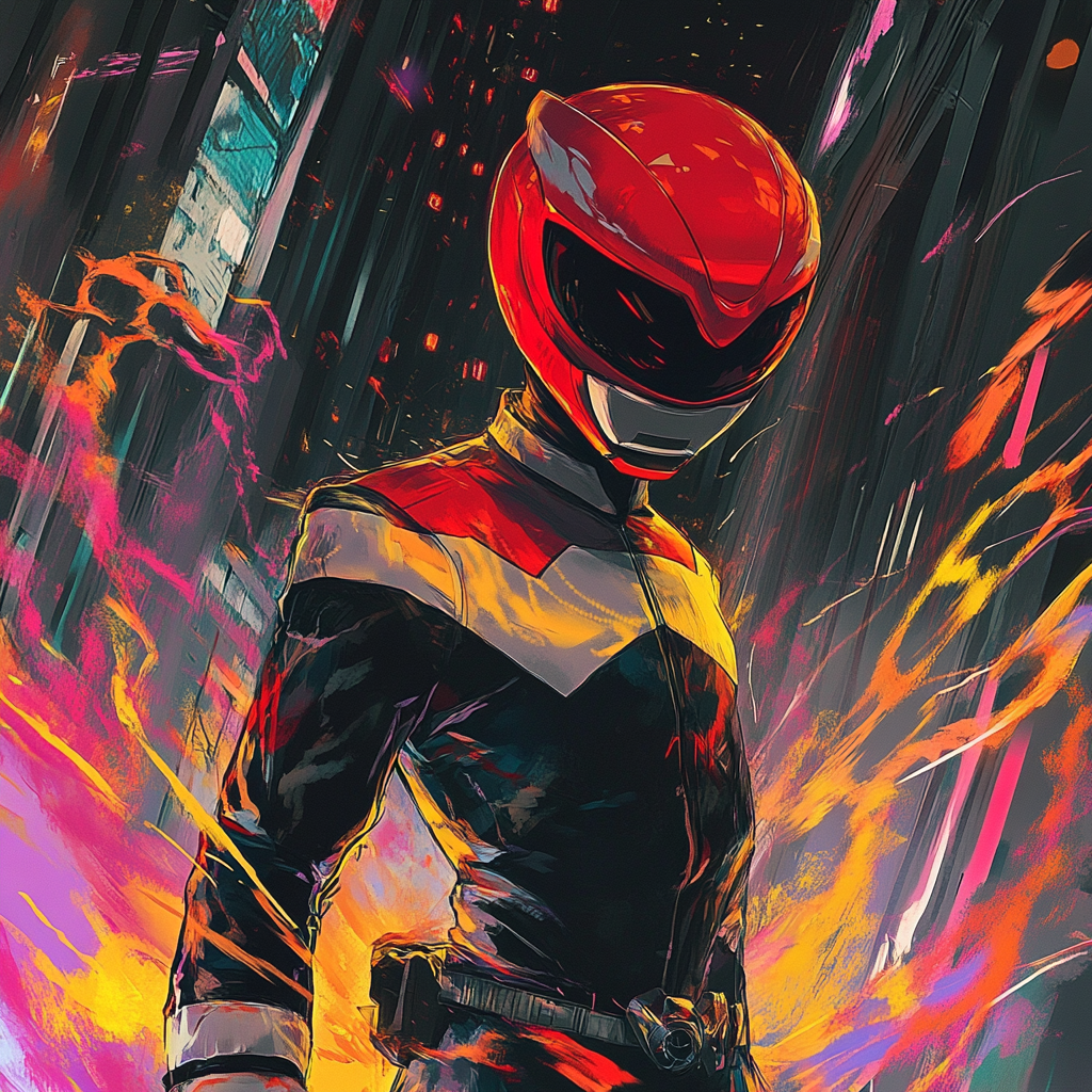 Red Power Ranger in stylish anime city scene