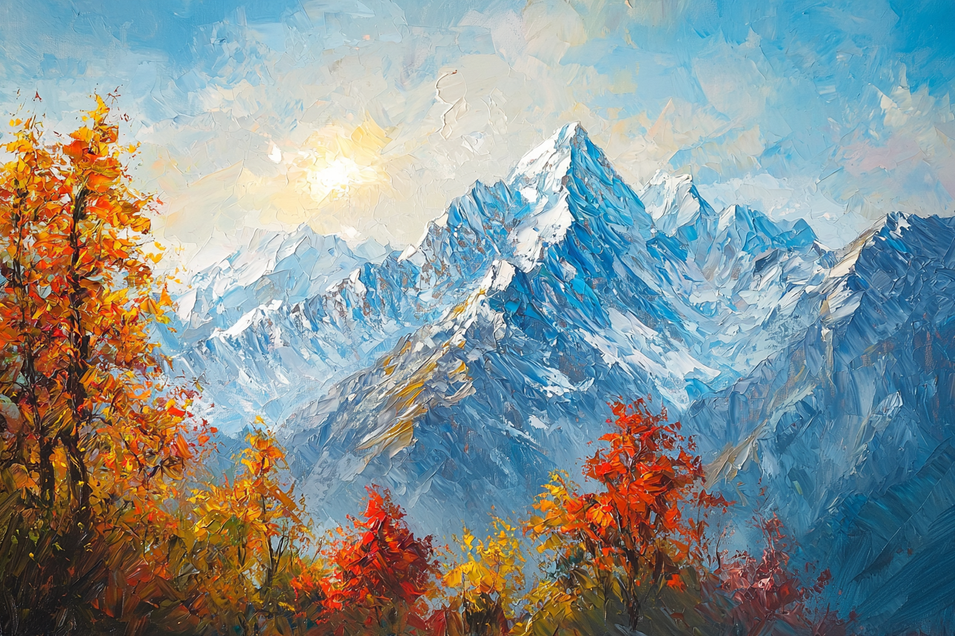 Red Trees, sun shining on Himalayan mountains, oil painting.