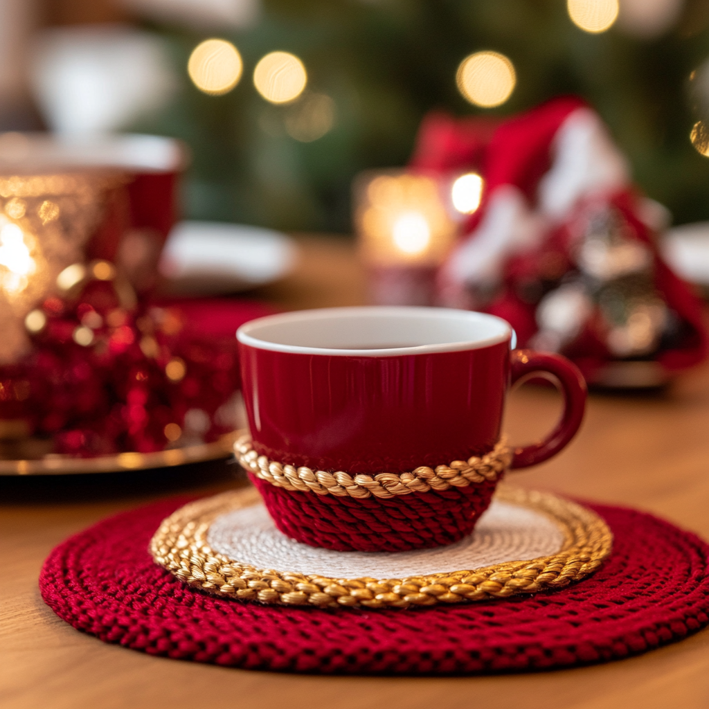 Red and gold braided cord coasters on Christmas table.