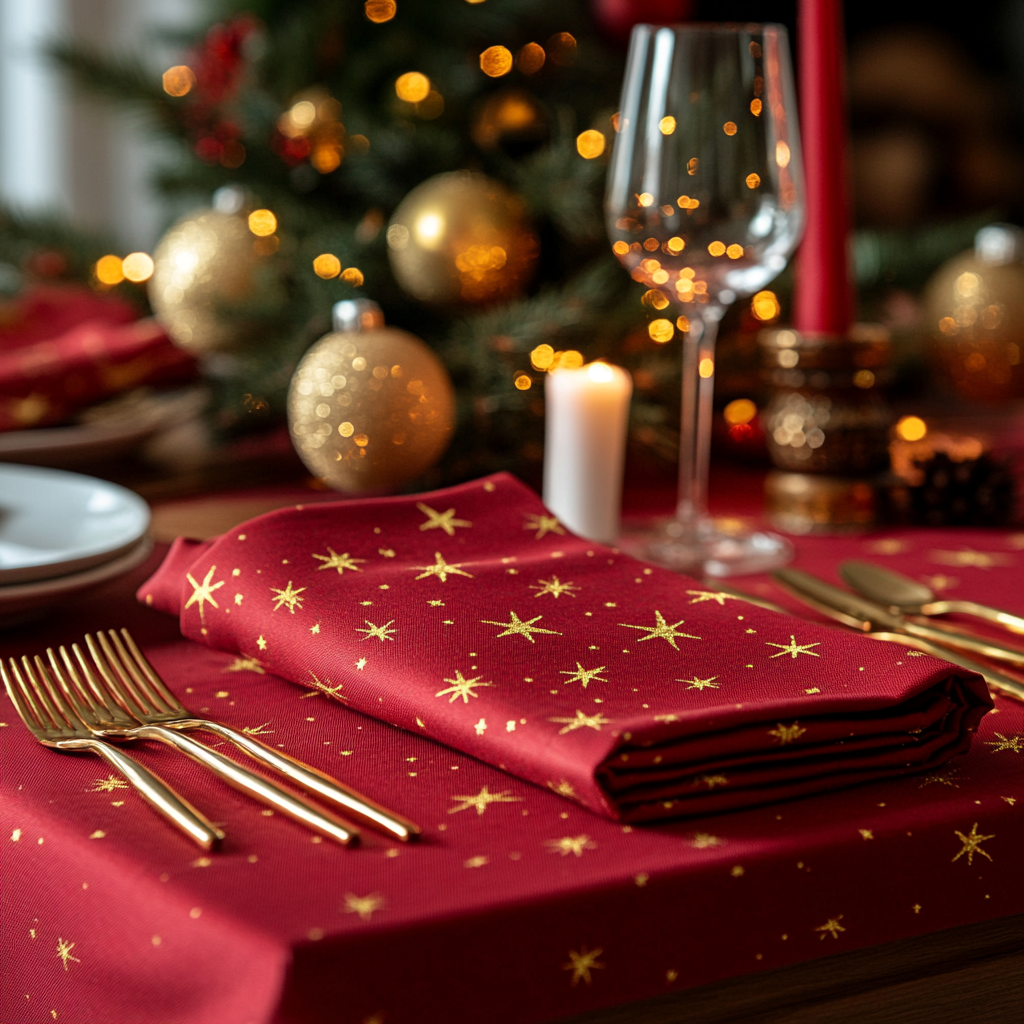 Red and gold star decorated Christmas themed table setting.