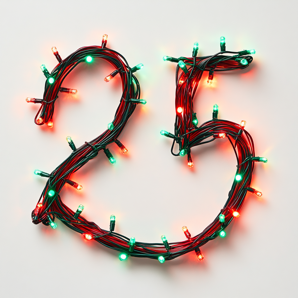 Red and green wire number ‘2025’ with glowing bulbs, neat.