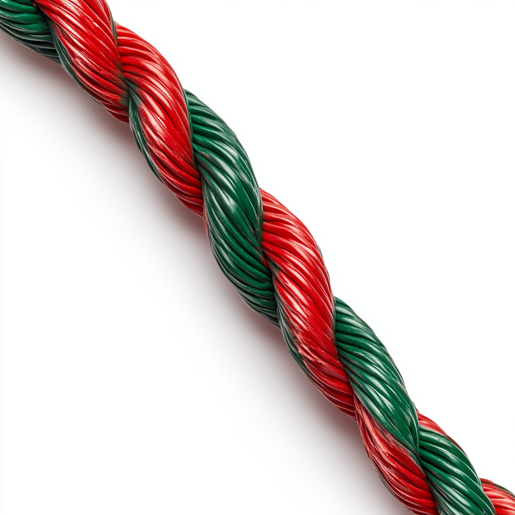 Red and green wires twisted together, labeled '2025'.