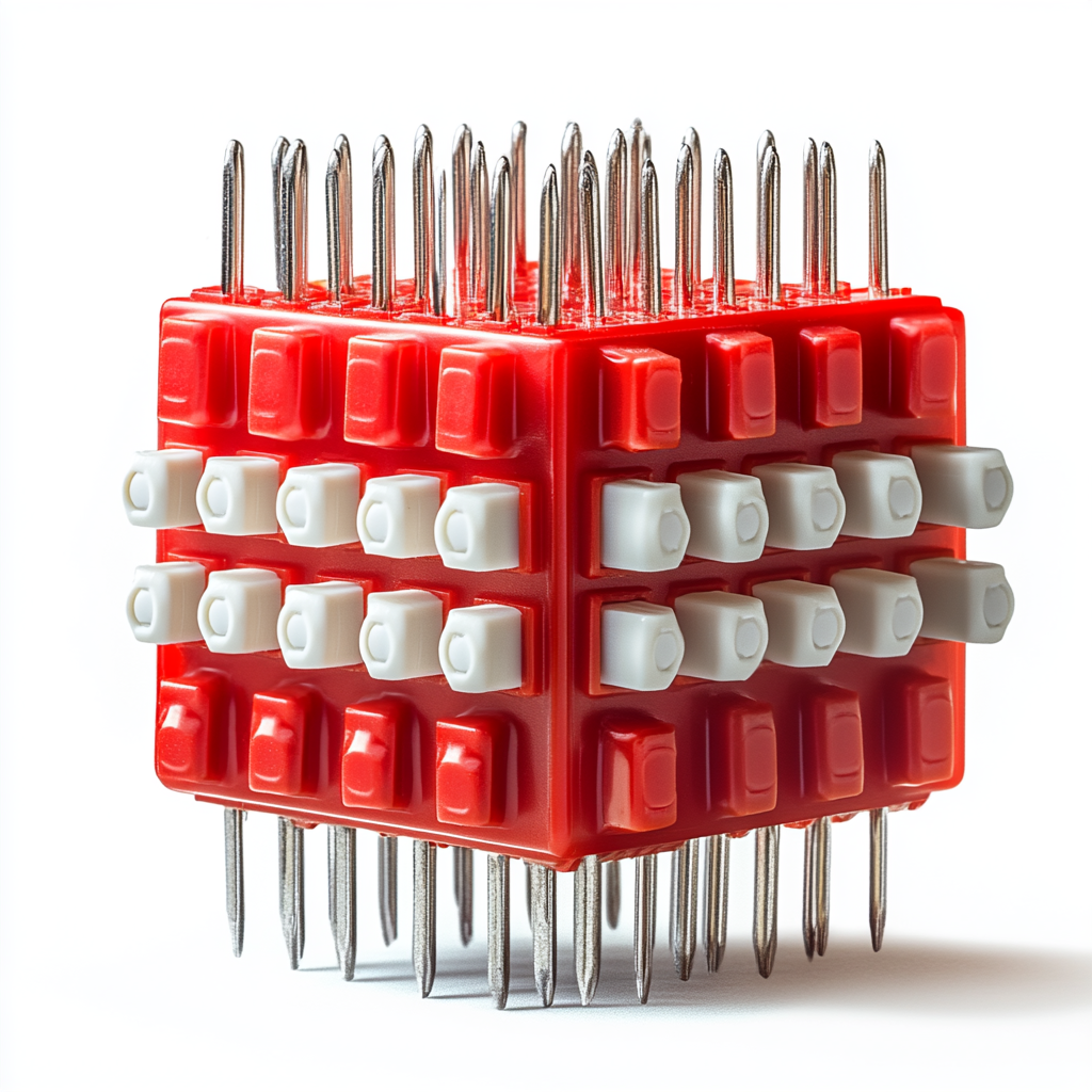 Red and white DIP switch on metal pins.