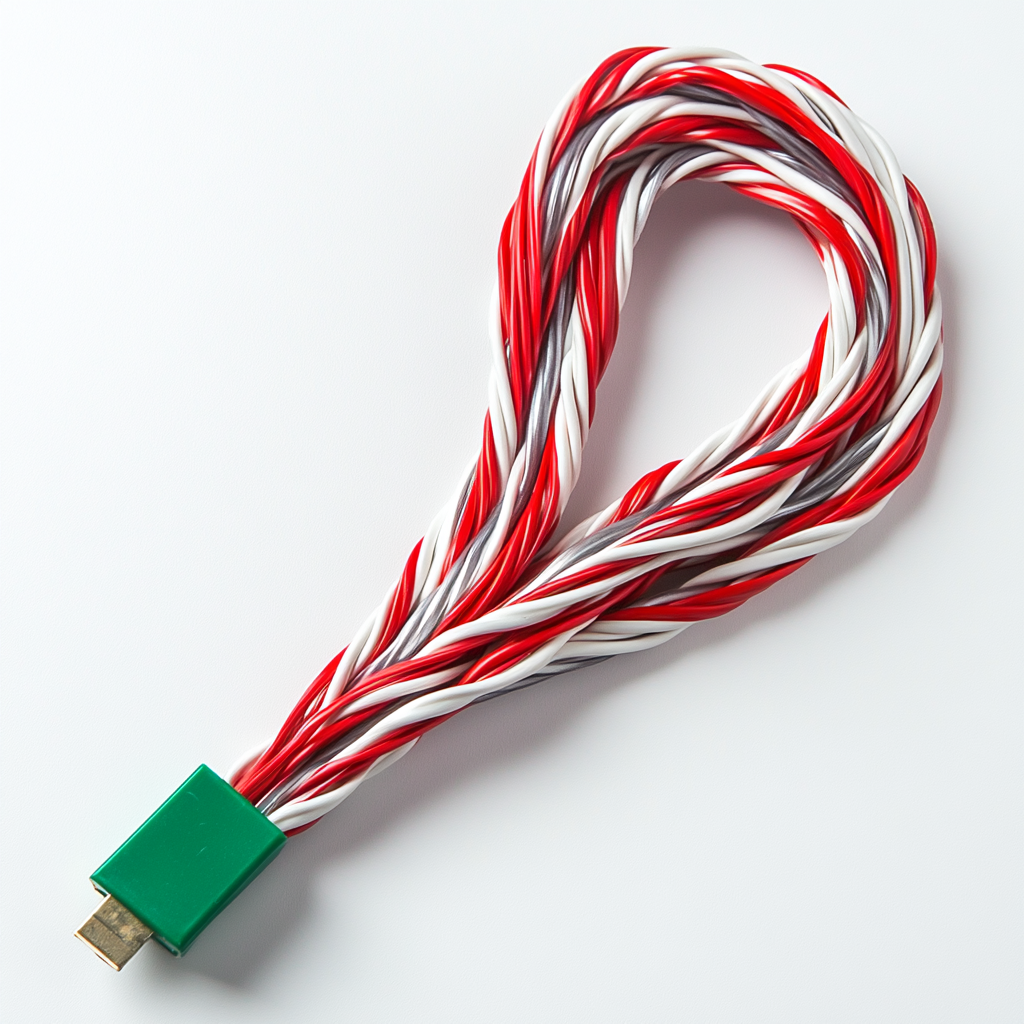 Red and white twisted wires with green terminal block.