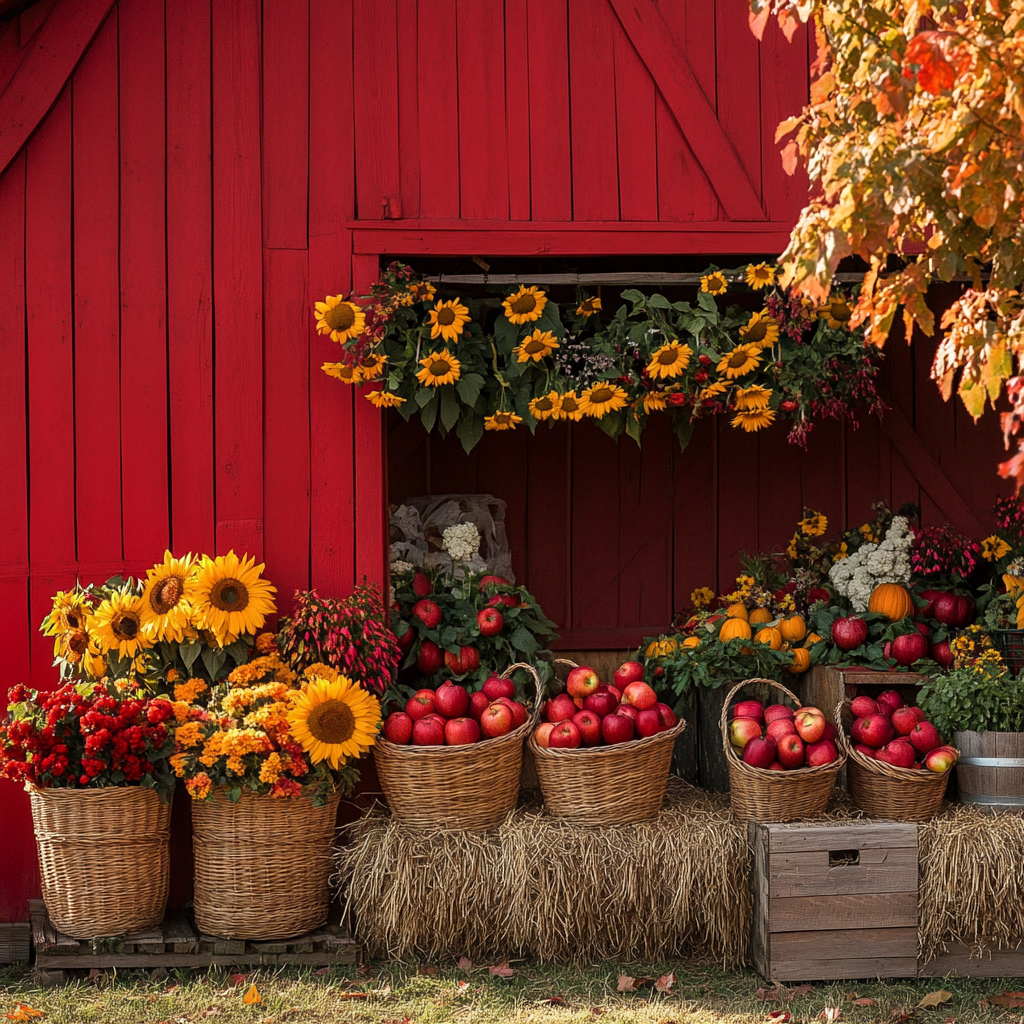 Red barn front with apples, hay, sunflowers - fall vibes.