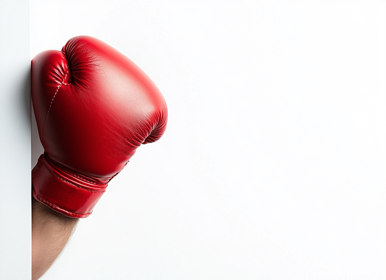 Red boxing glove ready to punch through white wall.