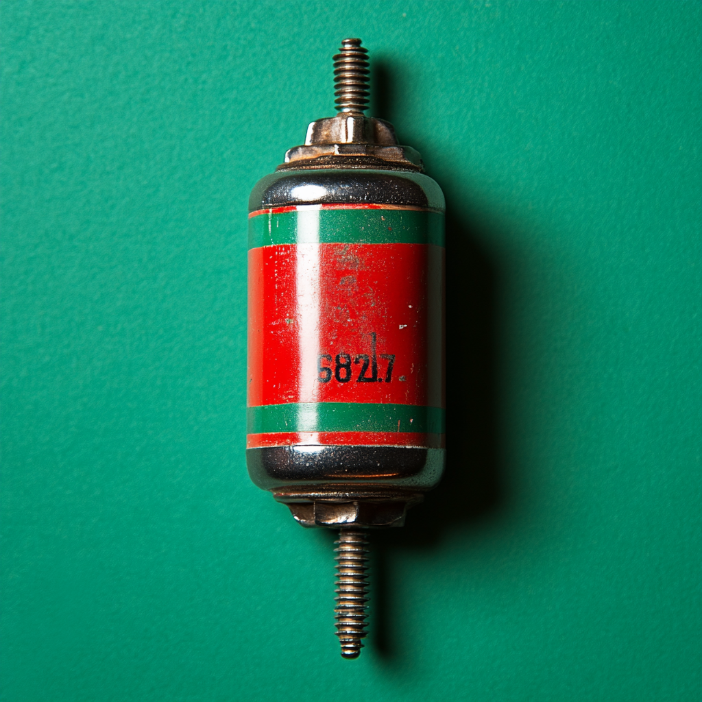 Red capacitor with green stripe, top view, rotated slightly