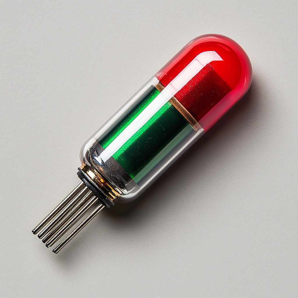 Red capacitor with green stripe, viewed from above, rotating.