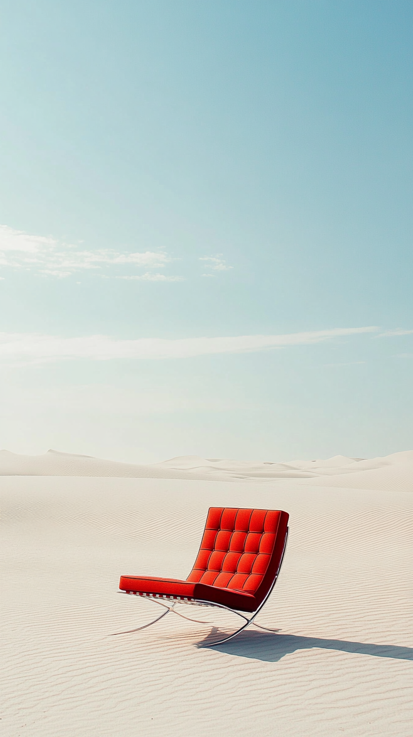 Red chair in desert with serene lighting, inviting atmosphere.