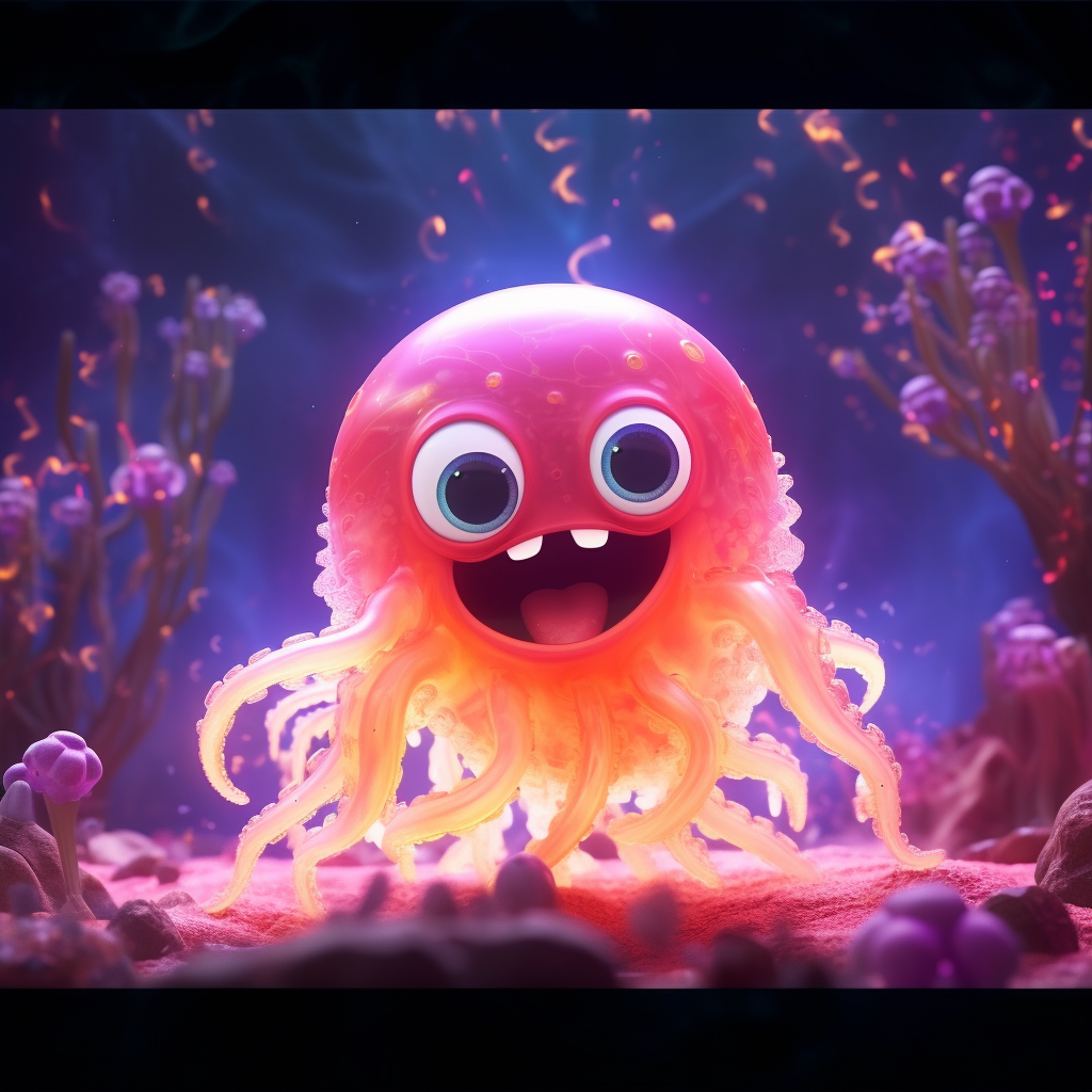 Red child dinosaur smiling at glowing jellyfish and planets.