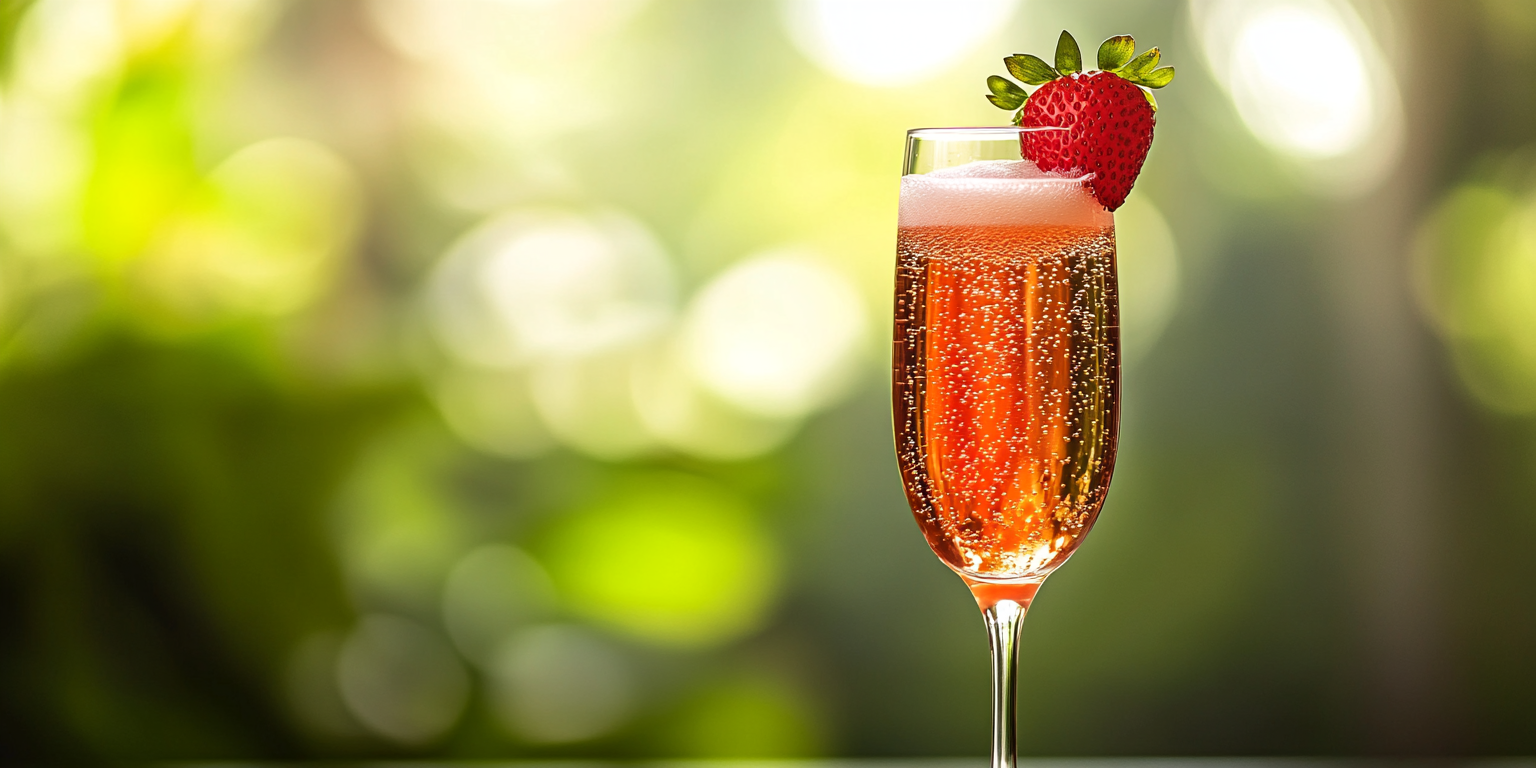 Red cocktail in champagne flute with strawberry garnish.