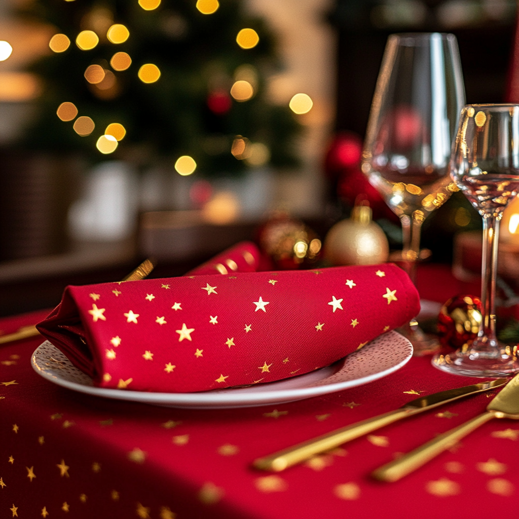 Red cotton napkins with gold stars on Christmas table.