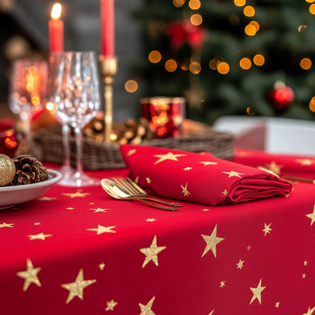 Red cotton tablecloth and napkins with gold star designs.