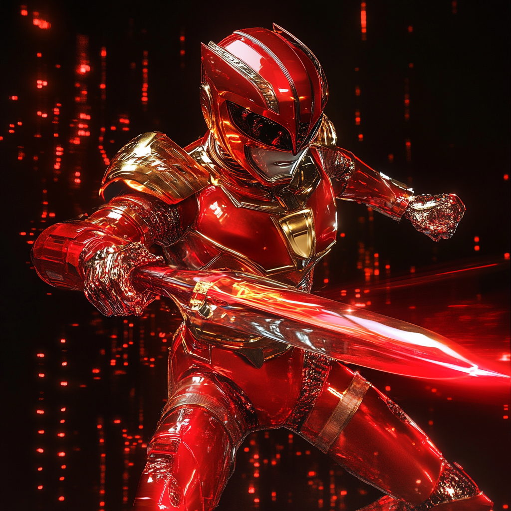 Red cyber ranger upgrades swinging cyber blade, digital effect.