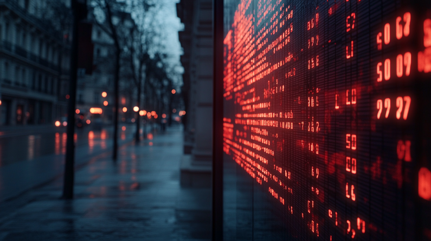 Red digital interface, empty sidewalk, large building, cinematic.