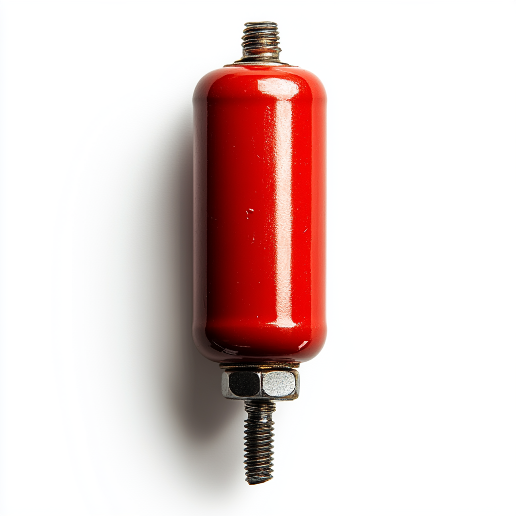 Red electronic capacitor viewed from top with aluminum legs