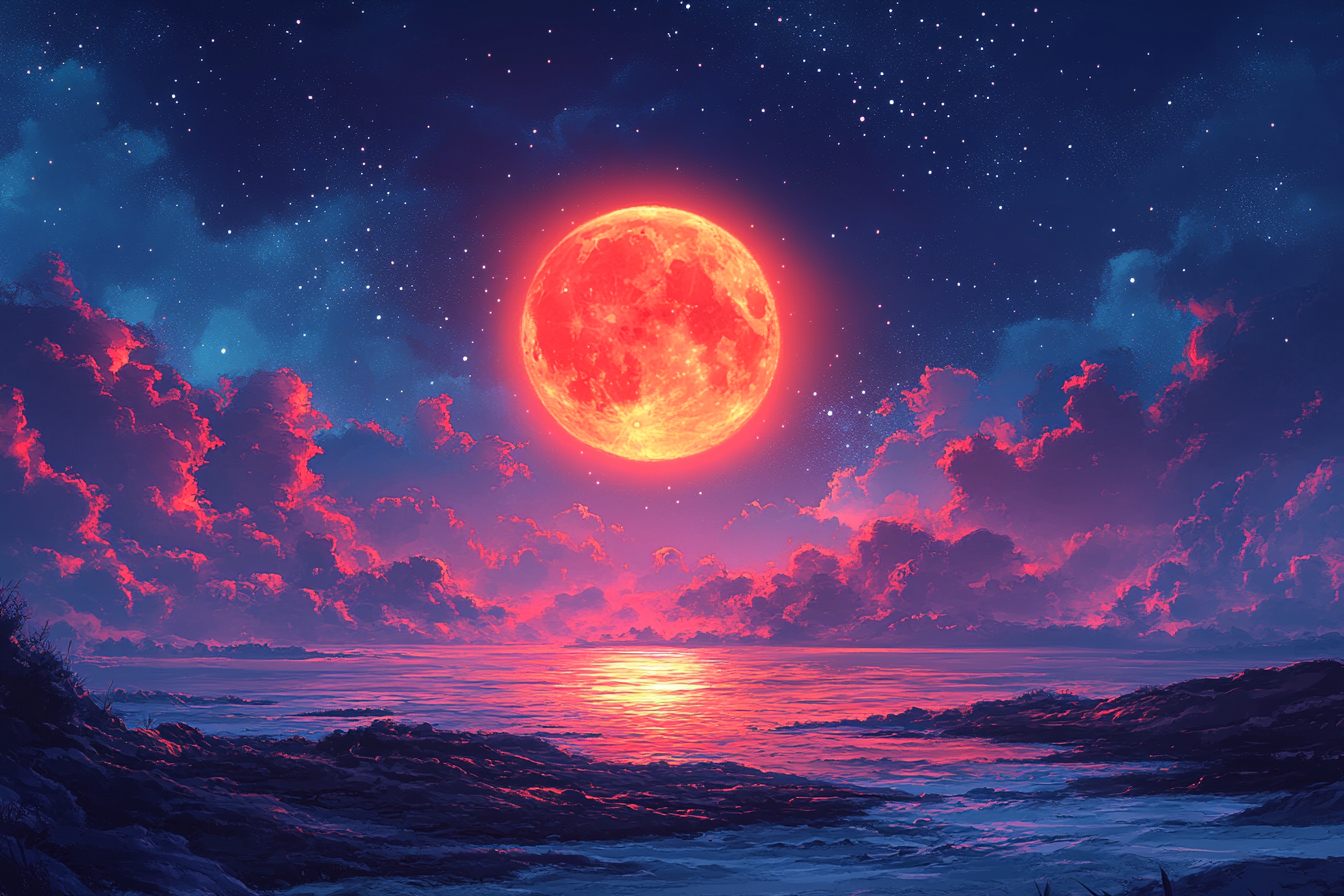 Red full moon glowing in starry sky anime style.