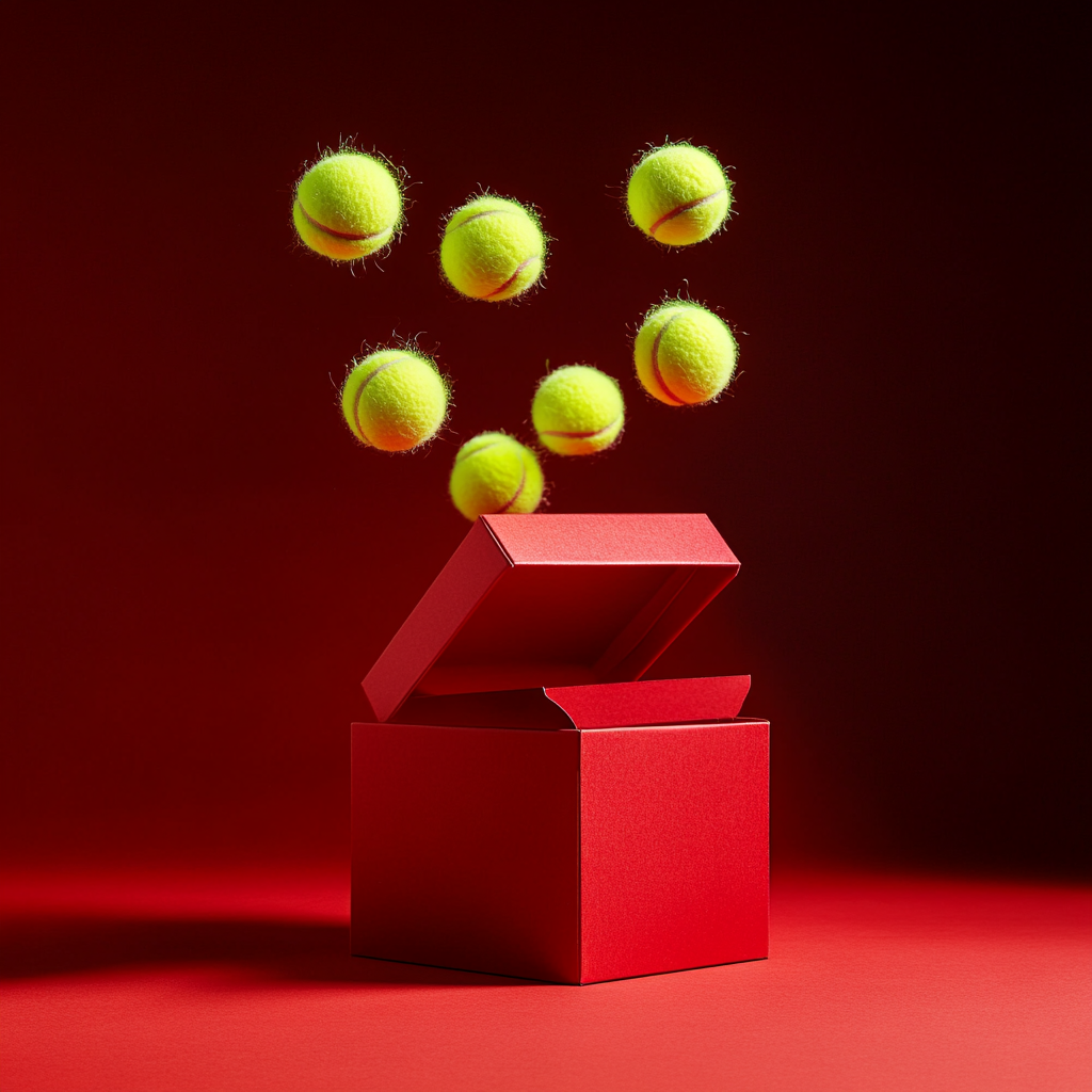 Red gift box with fuzzy tennis balls