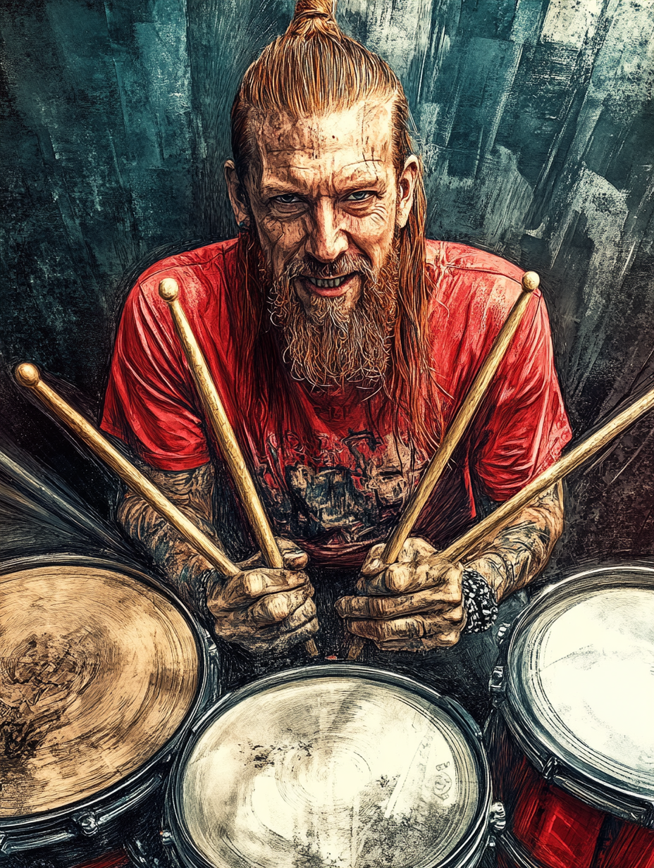 Red-haired drummer playing heavy metal with drum sticks.