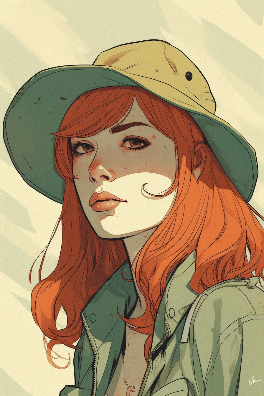 Red-haired girl in wide-brimmed hat comics portrait