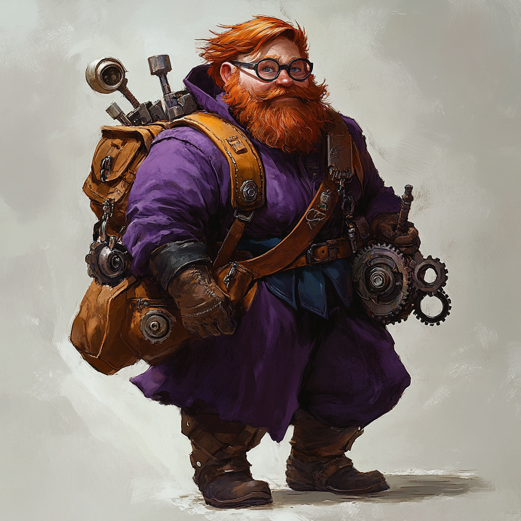 Red-haired gnome wizard in purple tunic holding wrench.