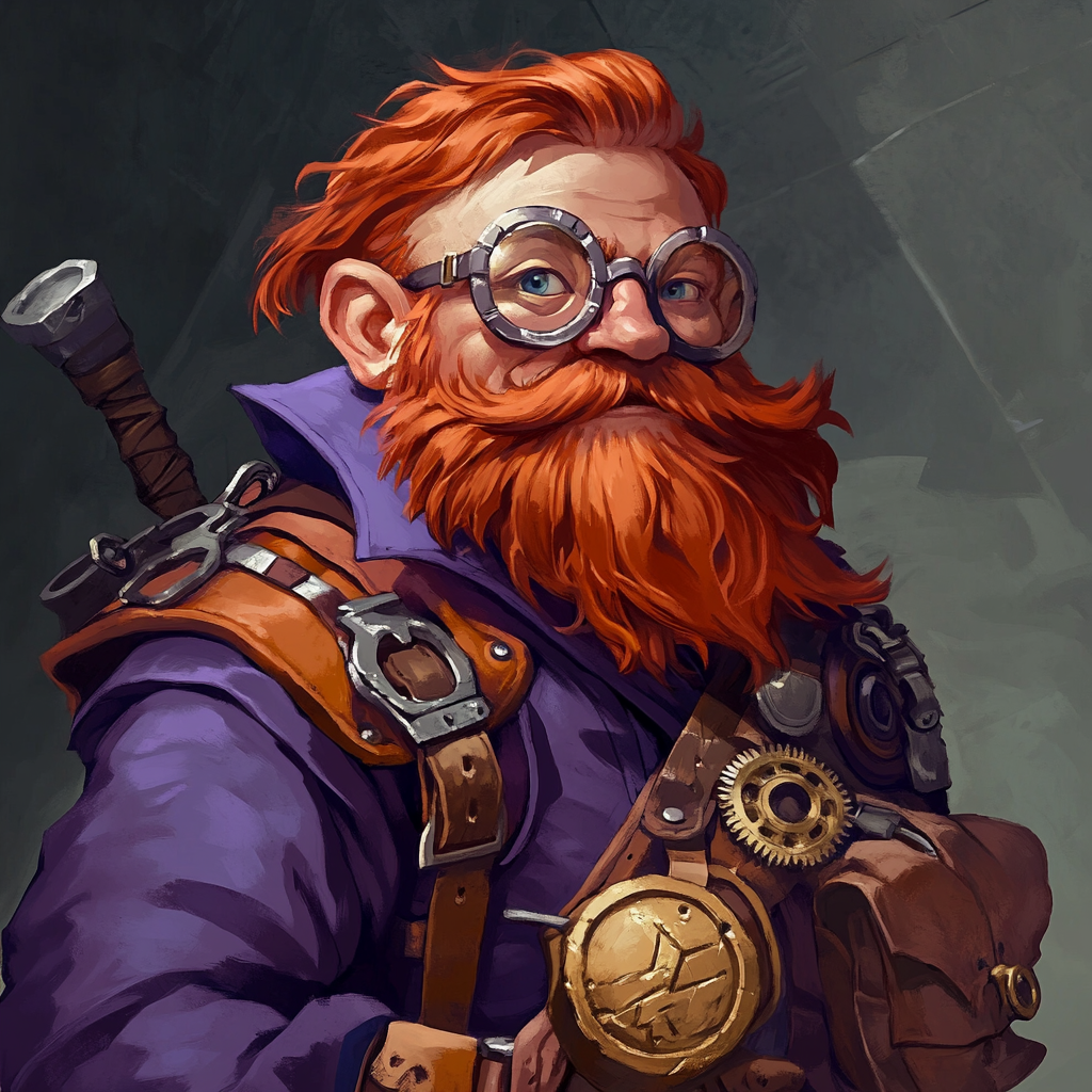 Red-haired gnome wizard with wrench and gear bag.