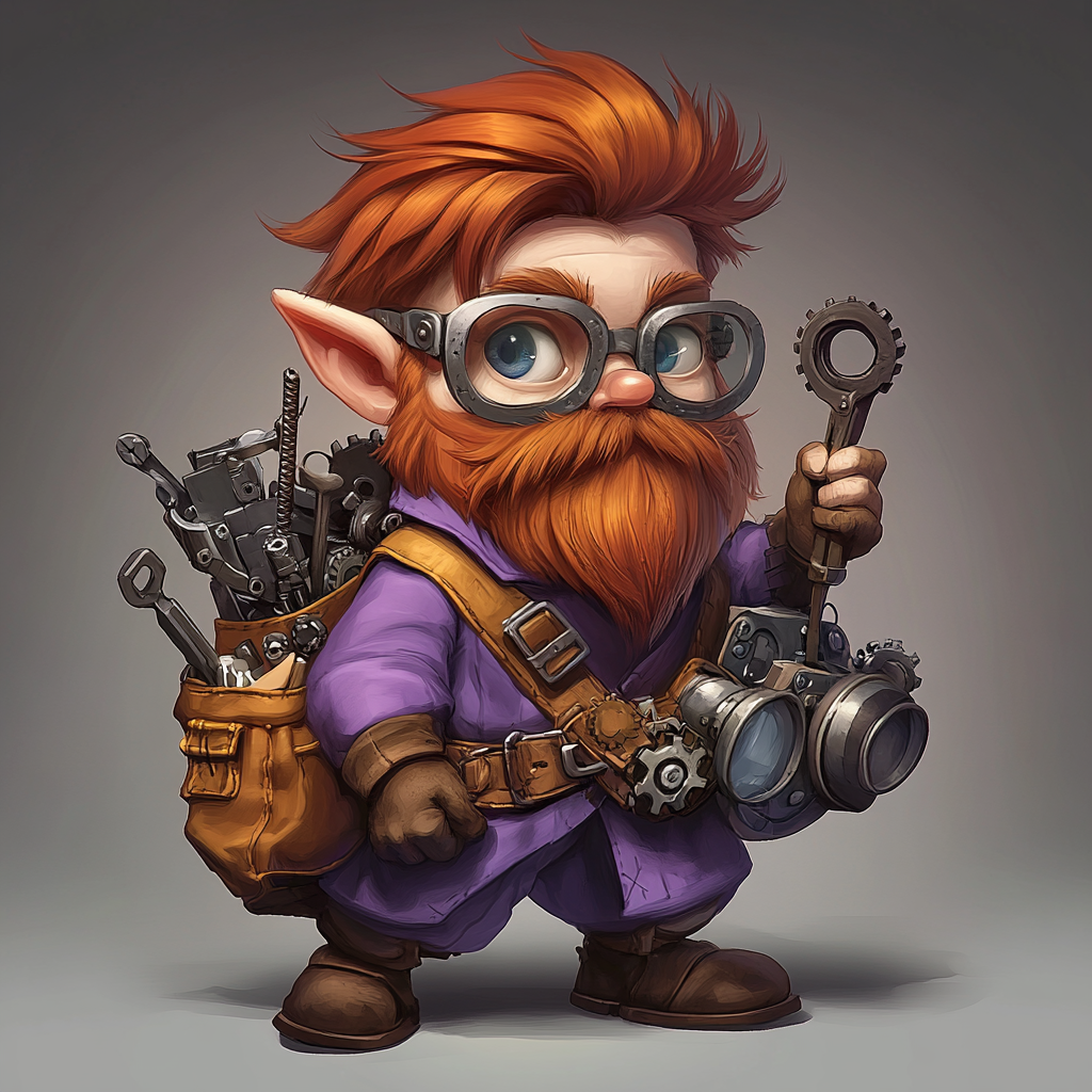 Red-haired gnome wizard with wrench and gear-filled bag.