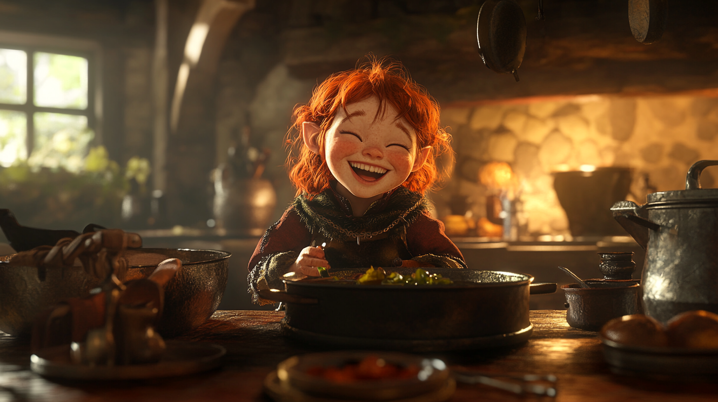 Red haired halfling barbarian cooking in medieval kitchen.