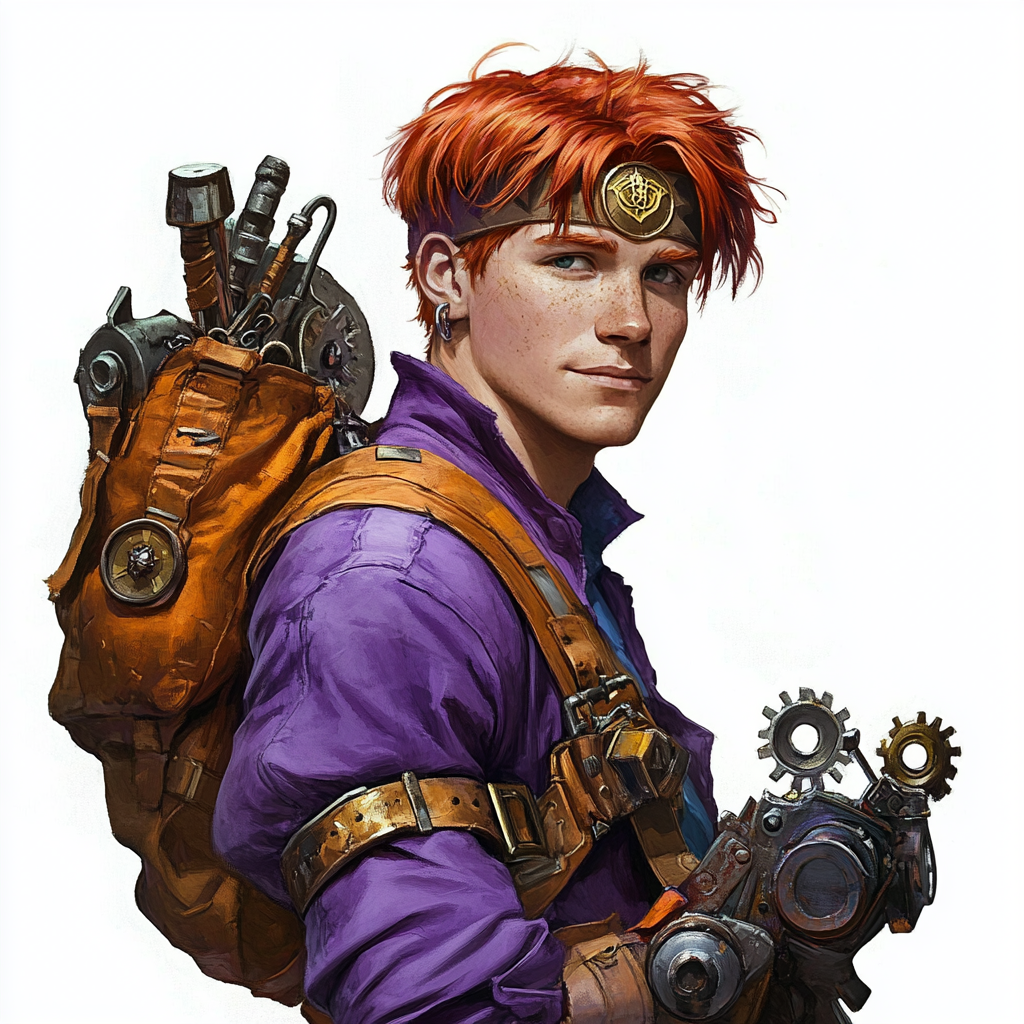 Red-haired wizard with purple tunic and tools, realistic style.