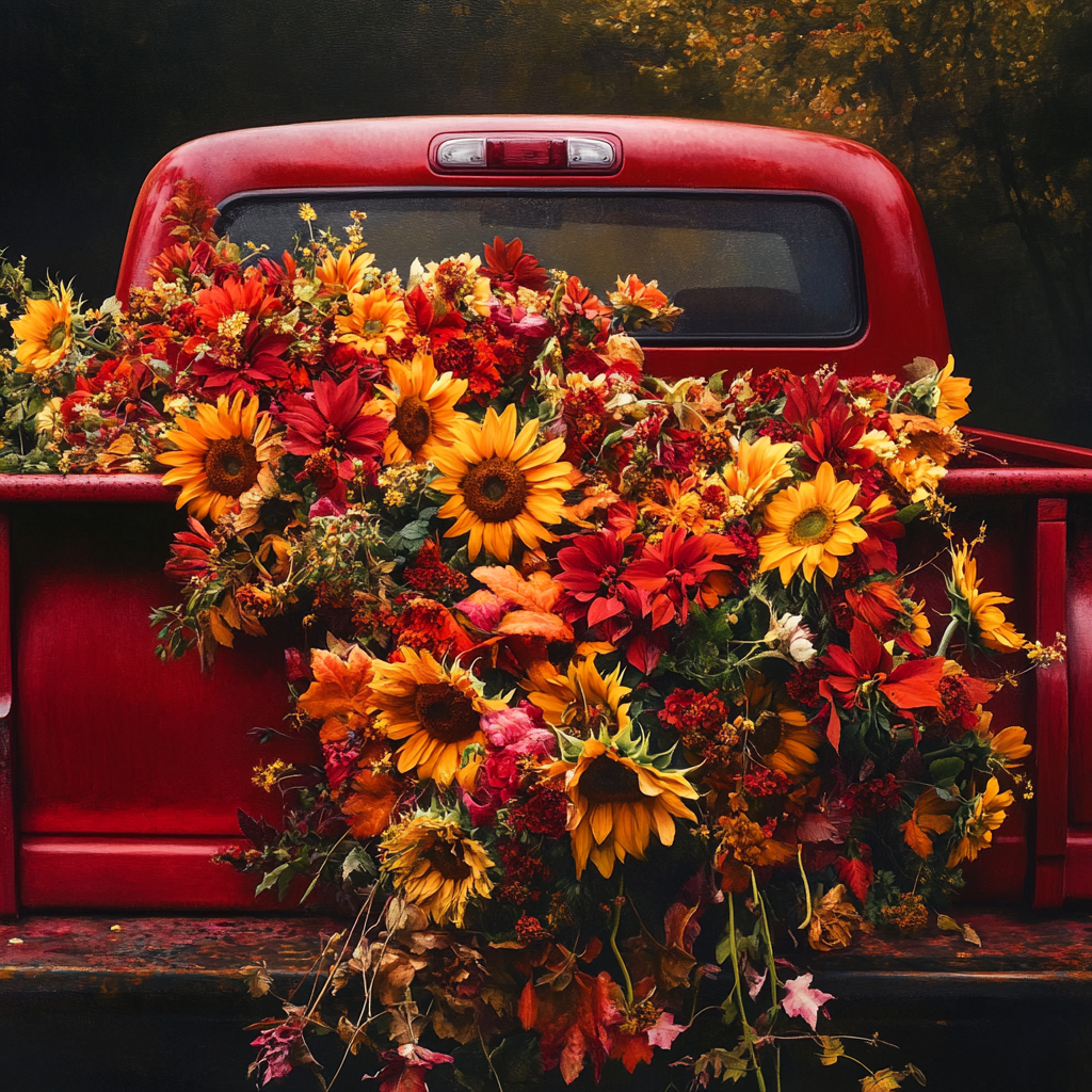 Red holiday truck with fall flowers, including sunflowers, tailgate.