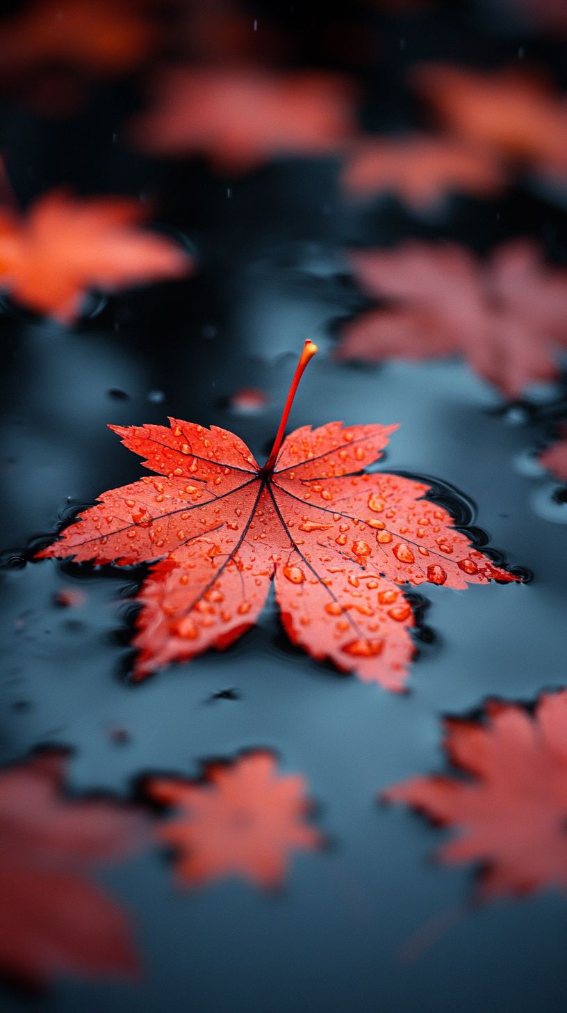 Red maple leaves float on water, macro photography.