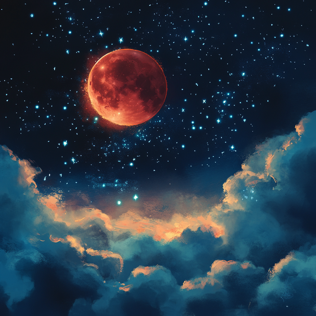 Red moon, blue stars in warm, lyrical night sky.