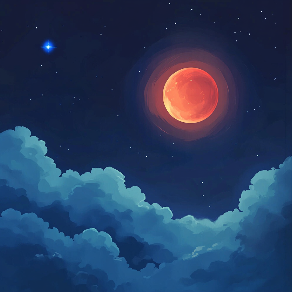 Red moon and blue star in warm night sky.