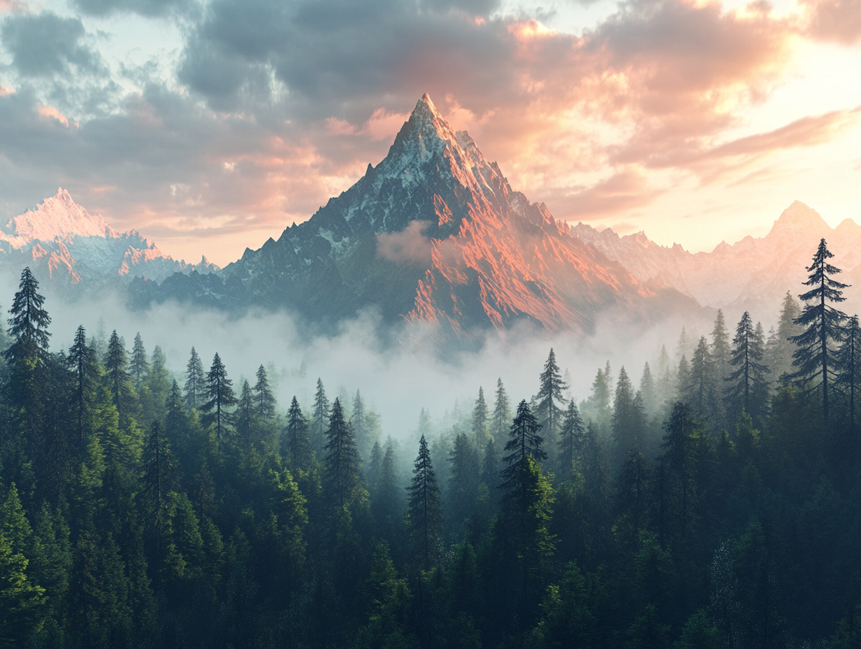 Red mountain peak in magical temperate forest.