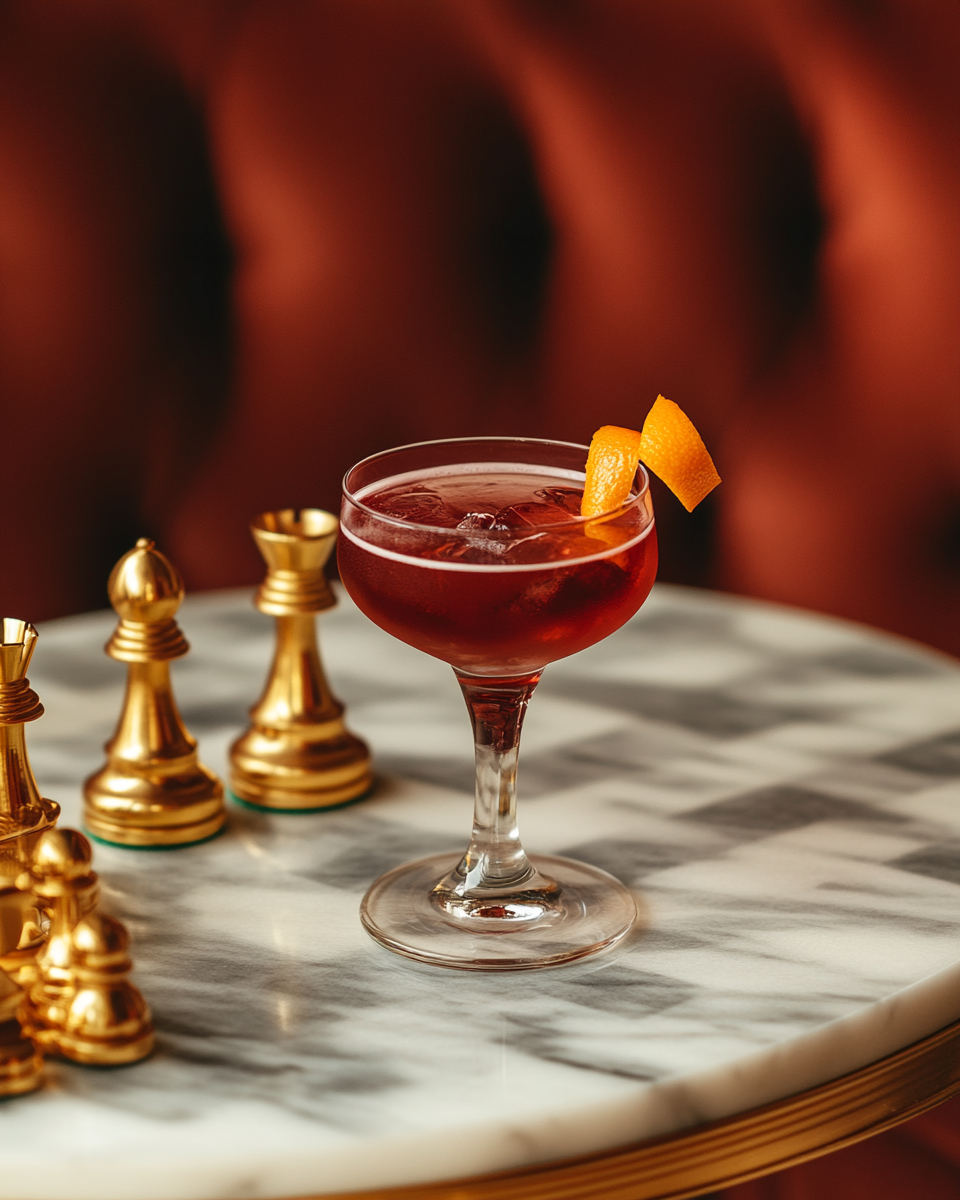 Red negroni cocktail, orange twist, marble table, gold chess.