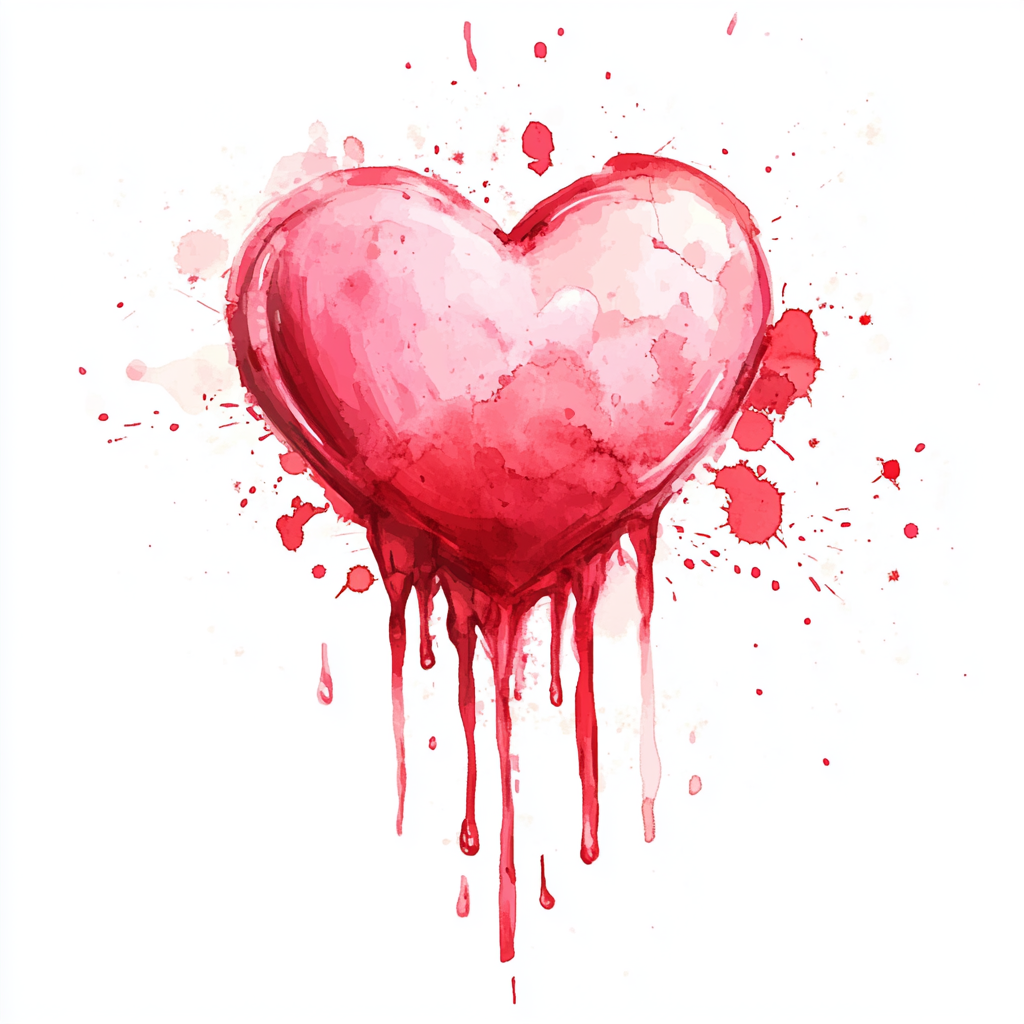 Red paint oozing from pink watercolor heart illustration.