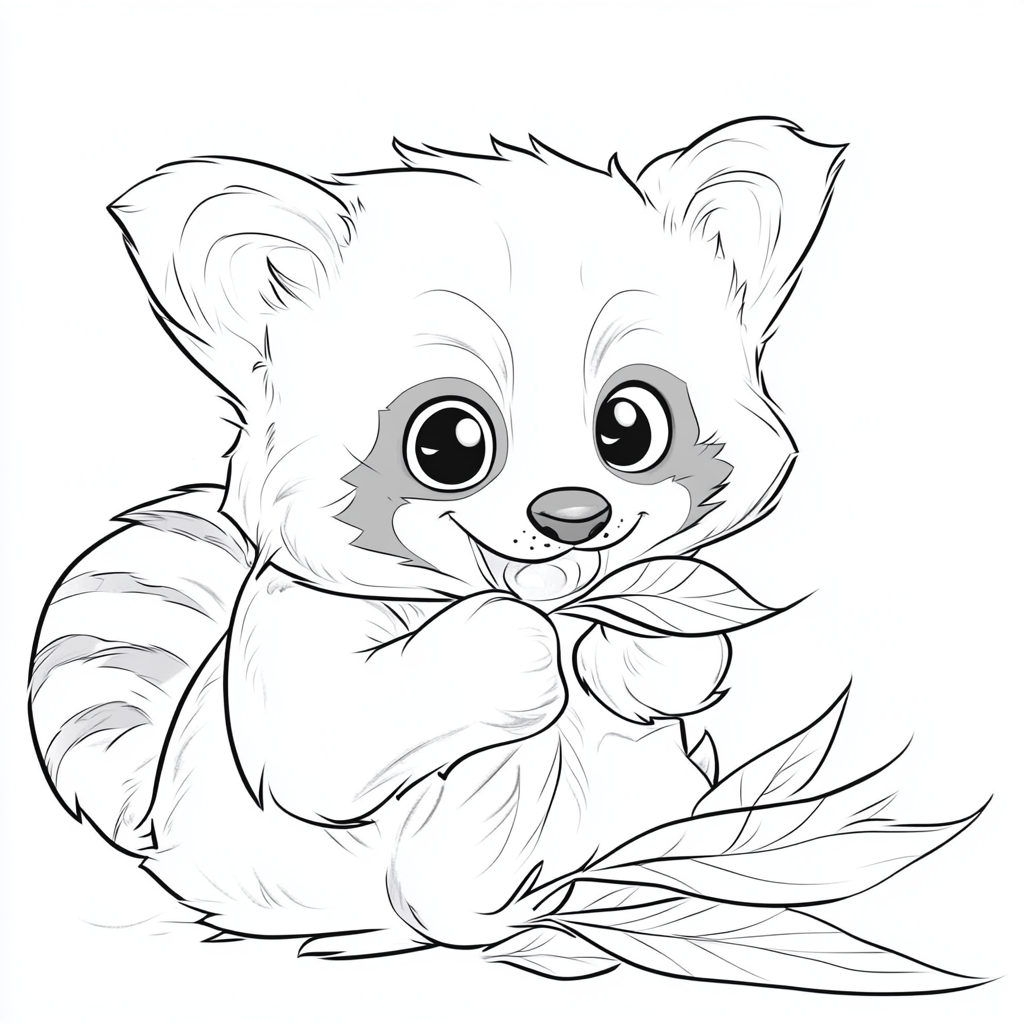 Red panda eating leaf on colorful cartoon page.