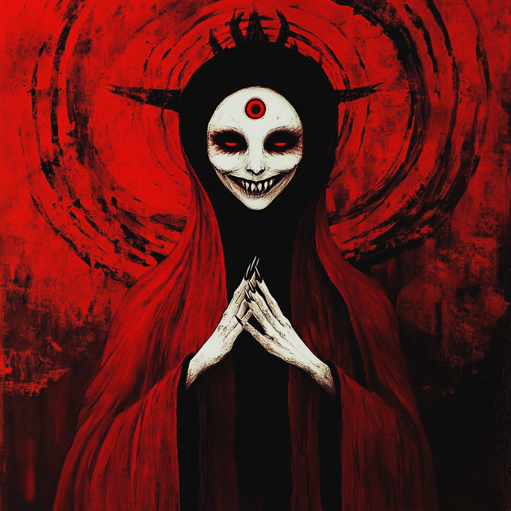 Red-robed Persephone with ghost ship, wide grin, third eye.