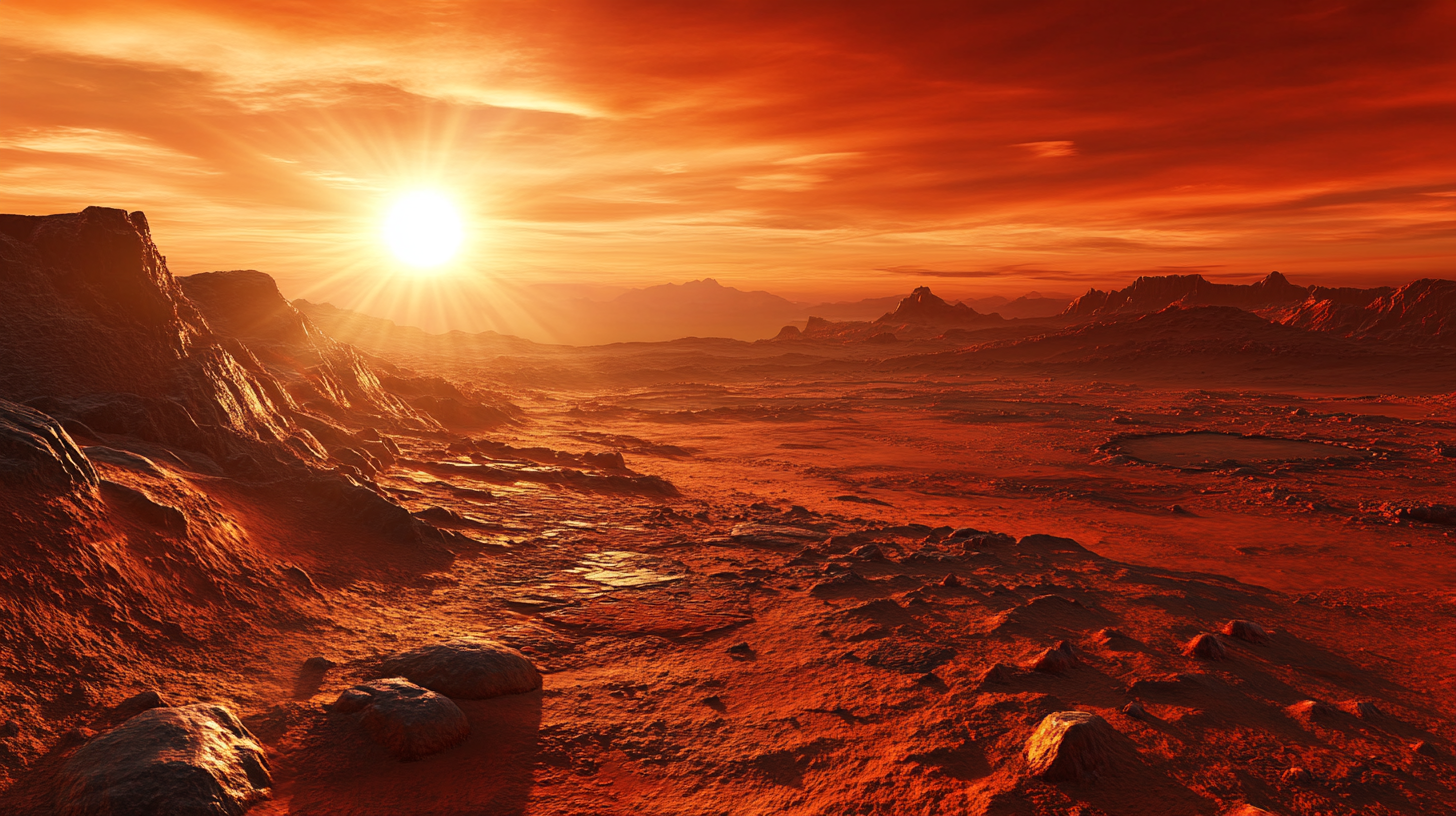 Red rocky Martian terrain with setting Sun, 16:9 perspective.