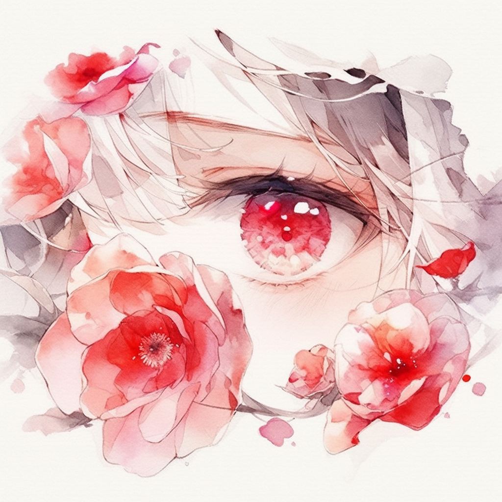 Red rose with anime eye in center, vector art.