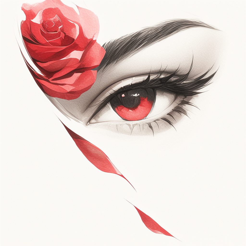 Red rose with anime eye in center, white background.