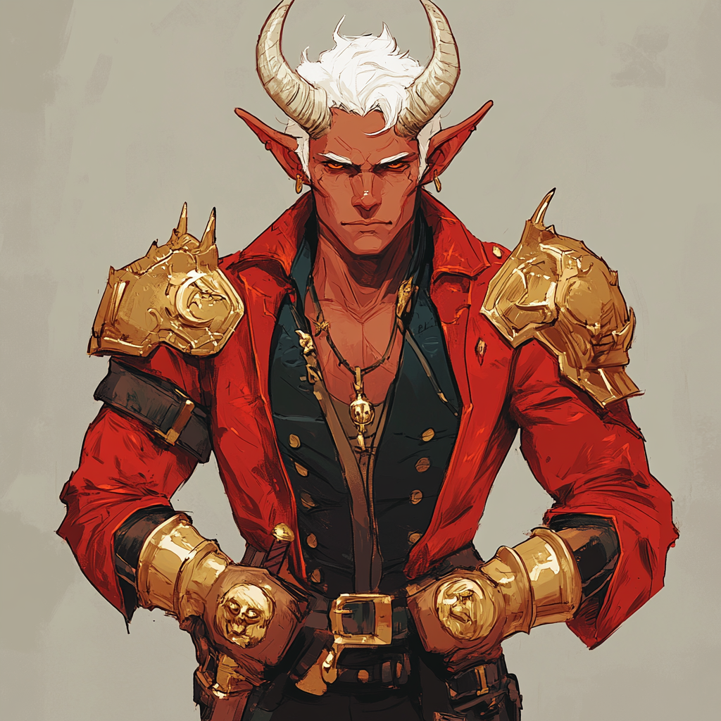 Red-skinned warlock, white hair, gold plates, confident, pompous.