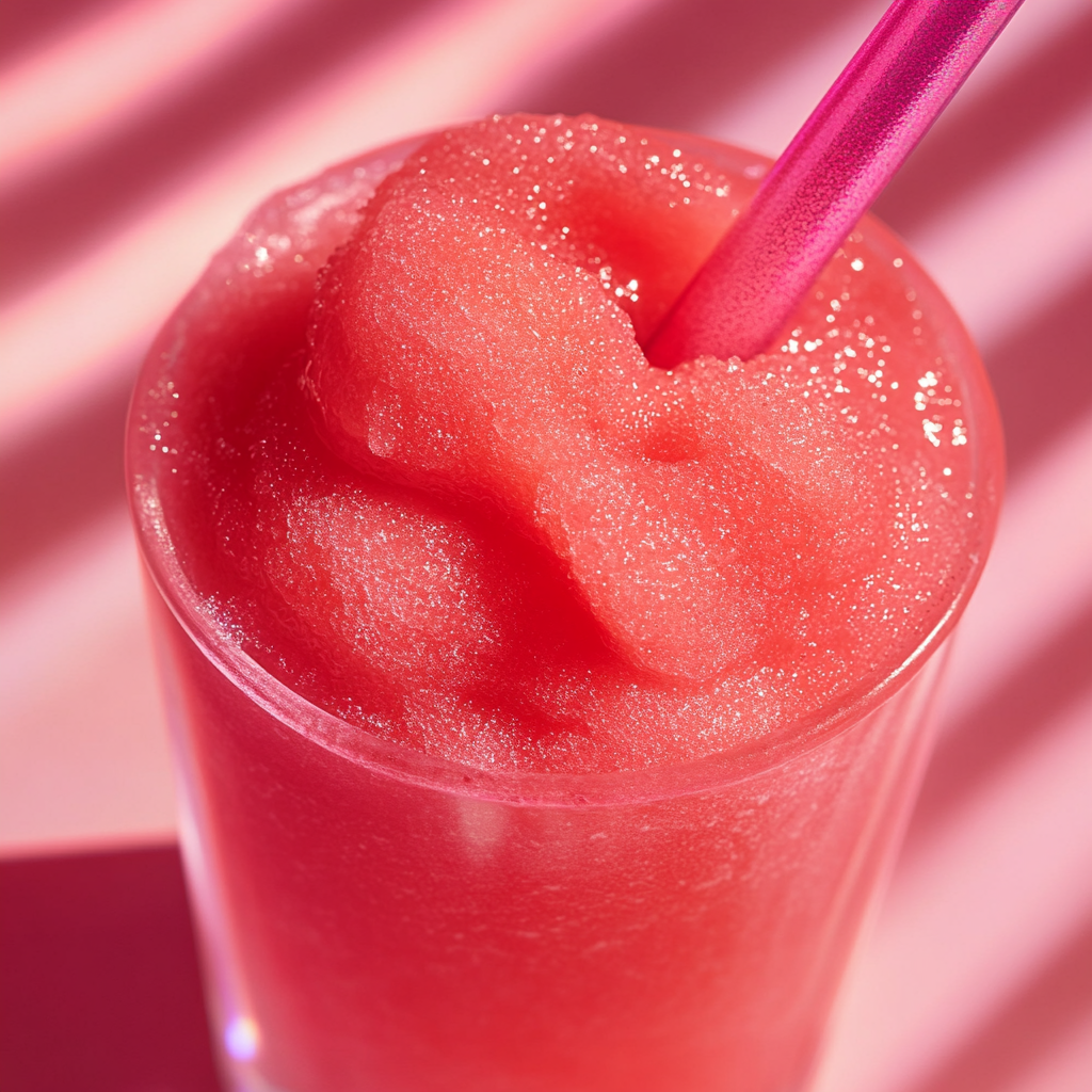 Red slushy with makeup packaging and wavy straw.