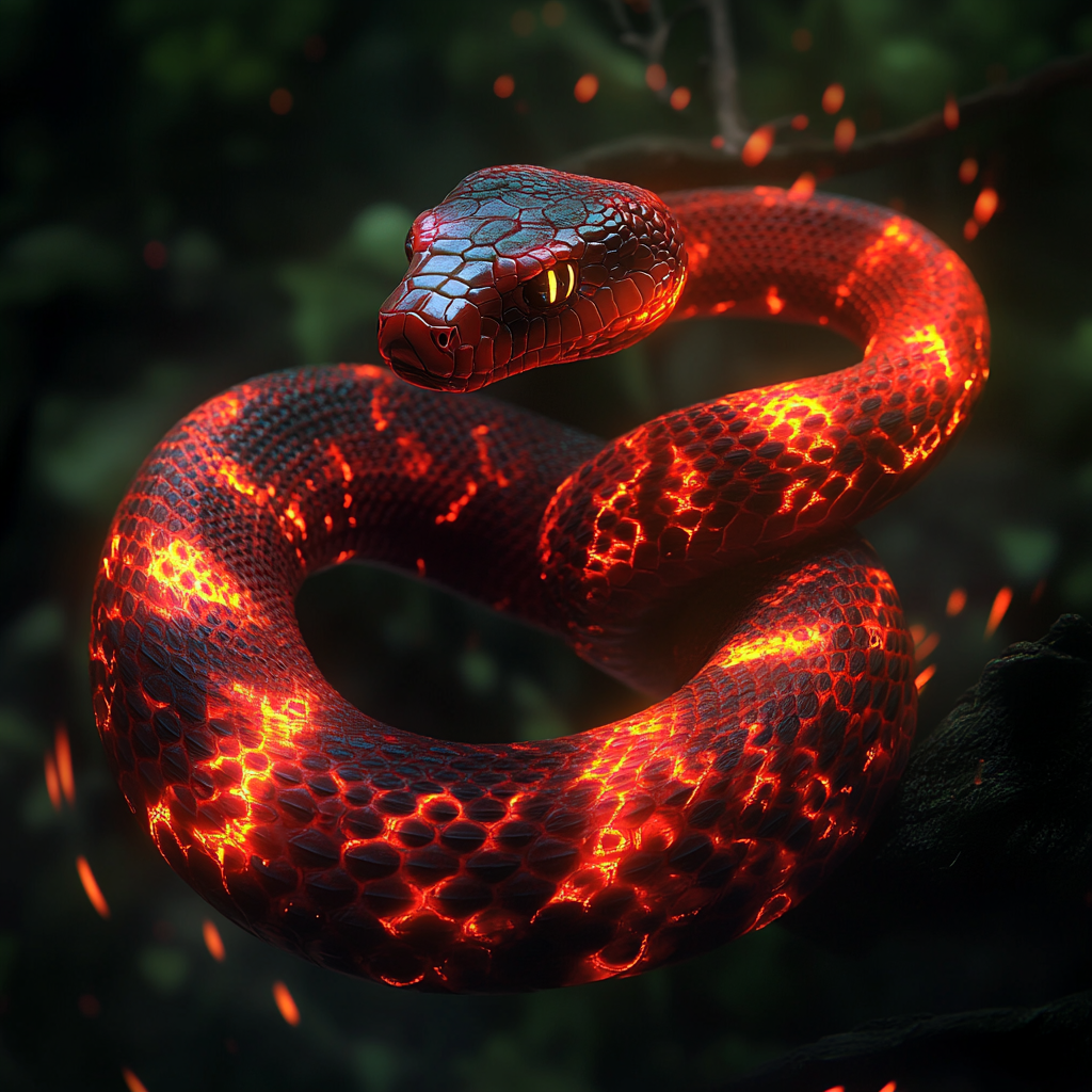 Red snake poised to strike in mysterious setting.