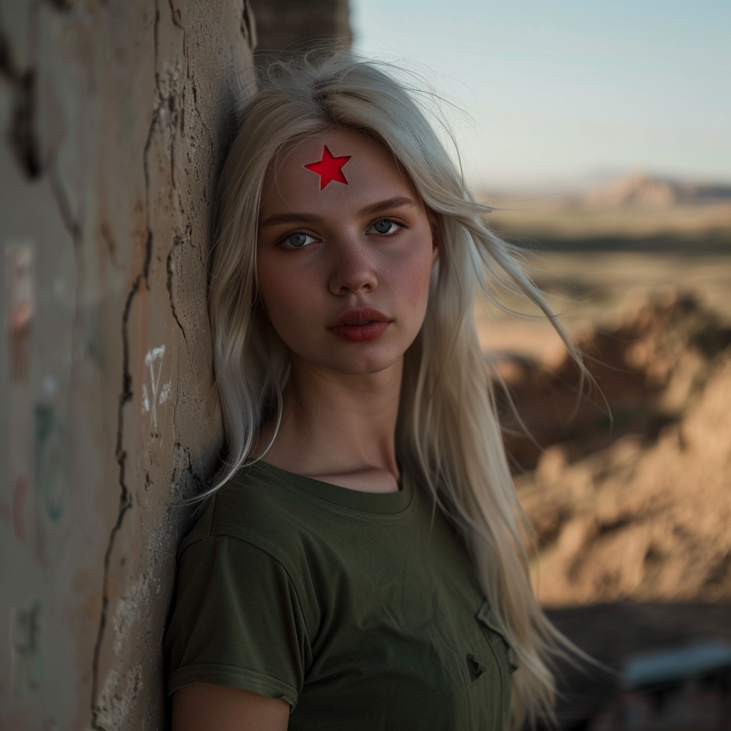 Red star on Mongolian woman's pale forehead, long blonde hair.