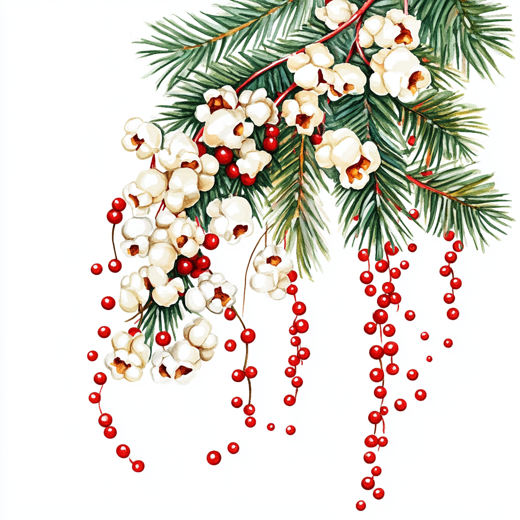 Red string holds popcorn garland on festive Christmas tree.