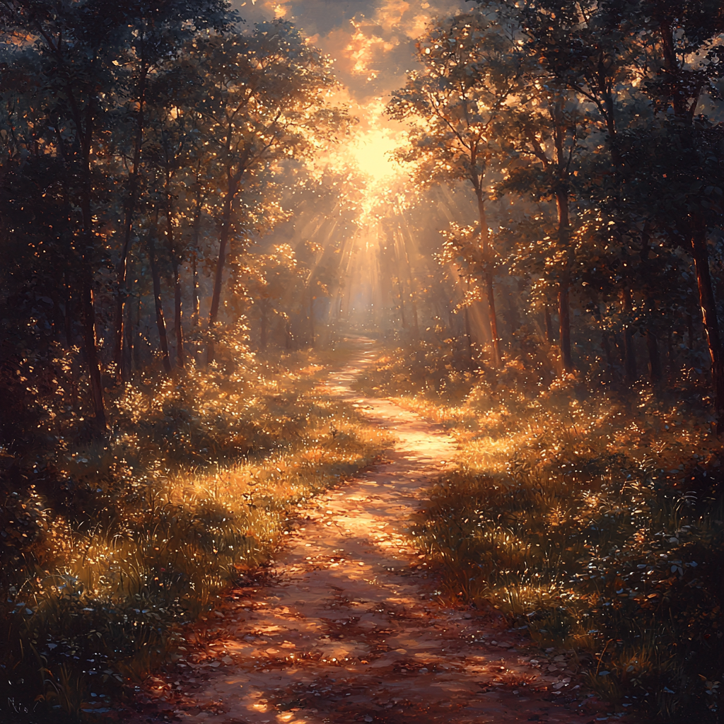 Red walks home on peaceful sunlit forest path.