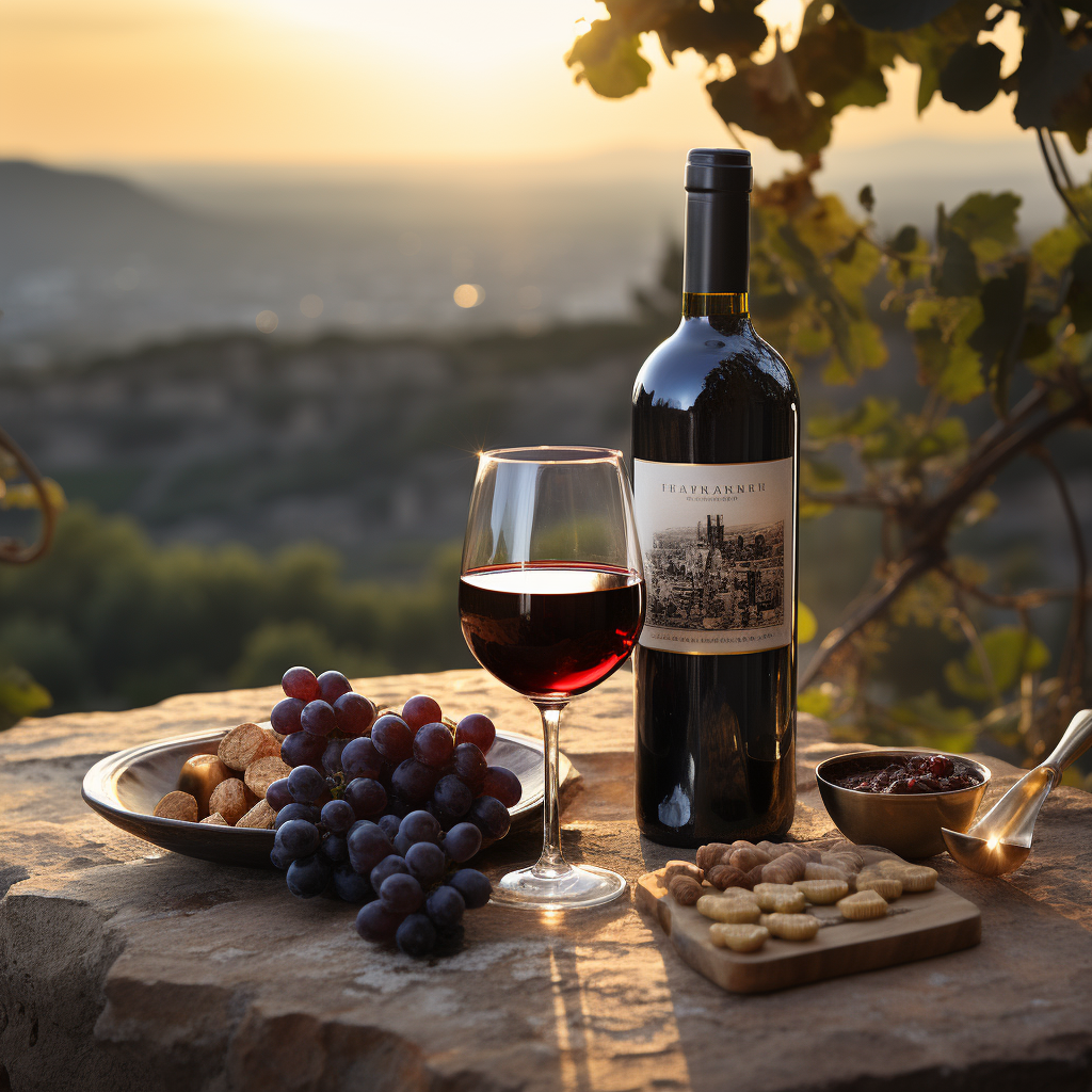 A cinematic image of wine bottle and glass with grape plantations