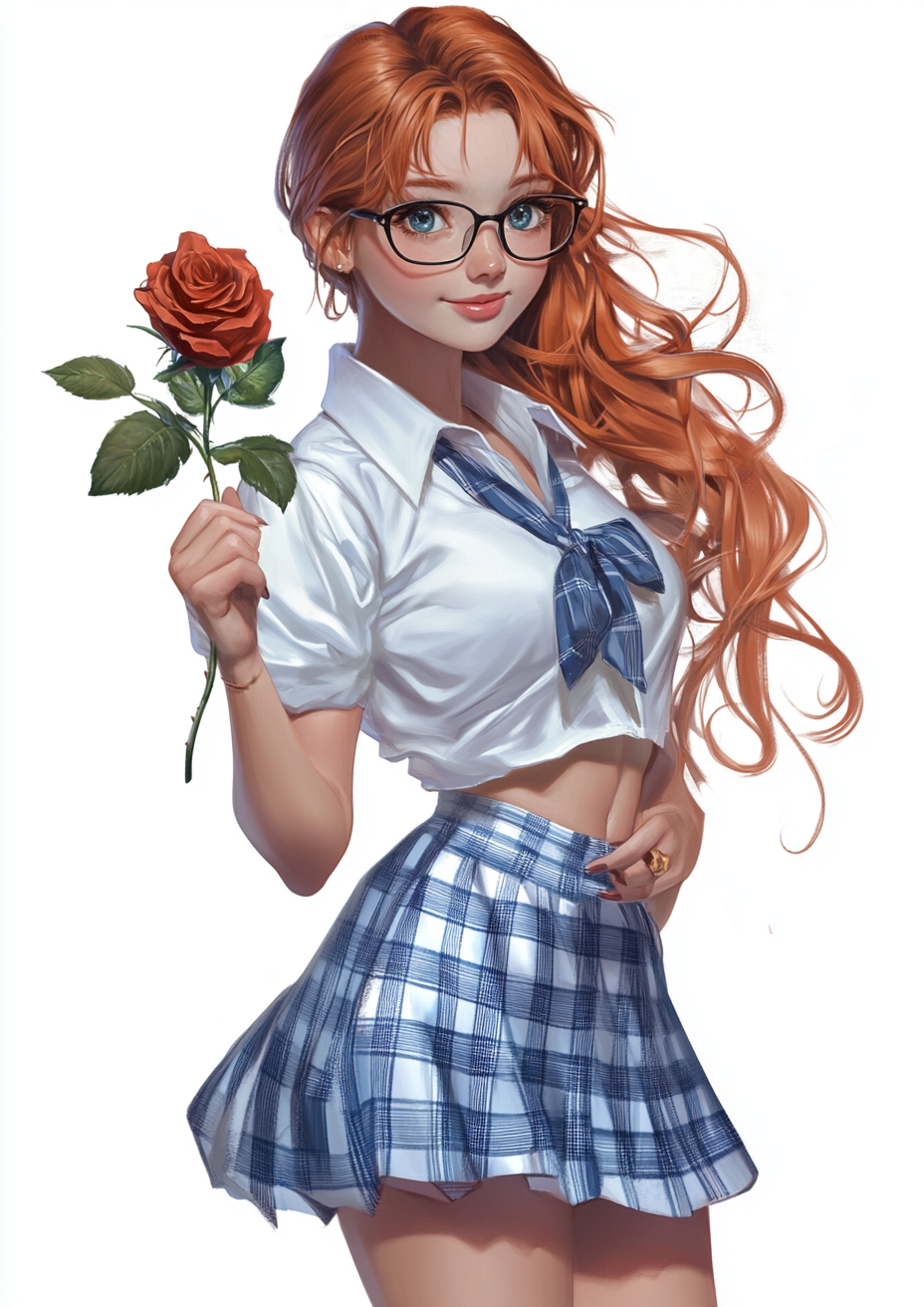 Redhead Girl with Glasses Holding Rose