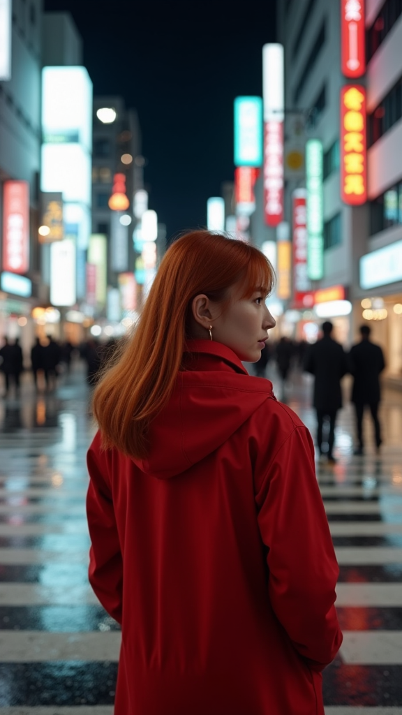 Redhead Woman in Red Raincoat at Shibuya Night Crosswalk